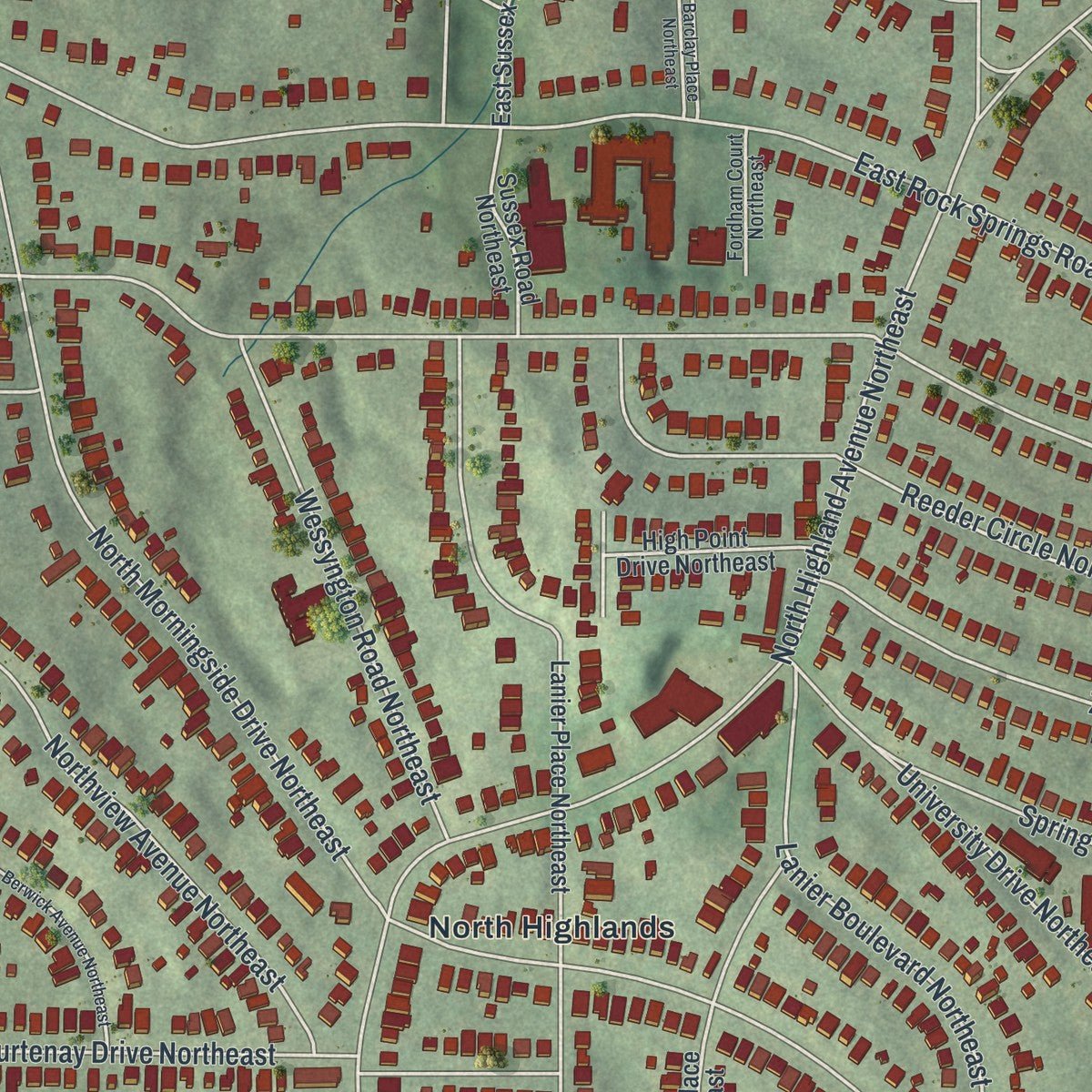 Close-up of the map of Morningside-Lenox Park, Georgia print showing street and building detail