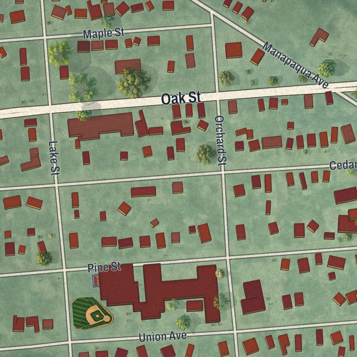 Close-up of the map of Lakehurst, New Jersey print showing street and building detail