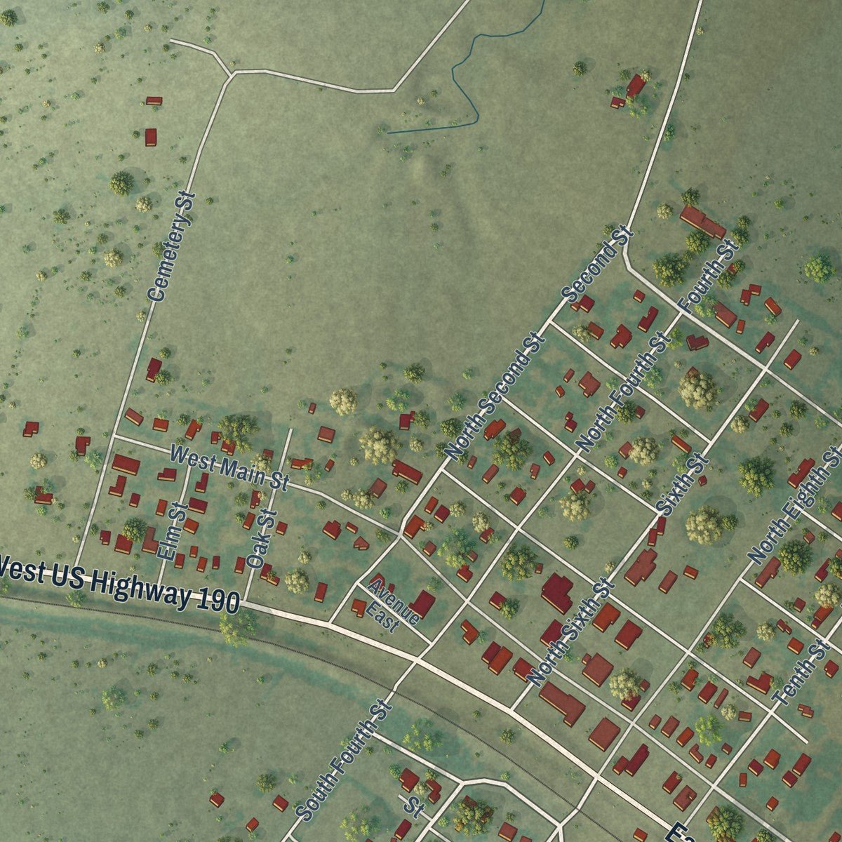 Close-up of the map of Buckholts, Texas print showing street and building detail