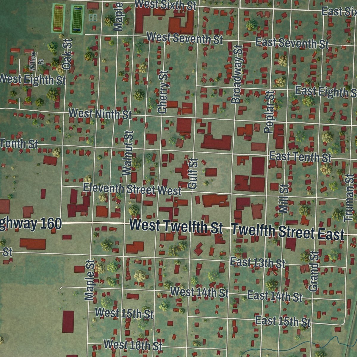 Close-up of the map of Lamar, Missouri print showing street and building detail