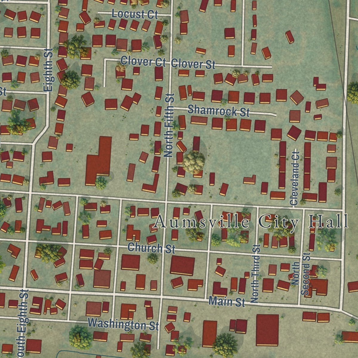 Close-up of the map of Aumsville, Oregon print showing street and building detail