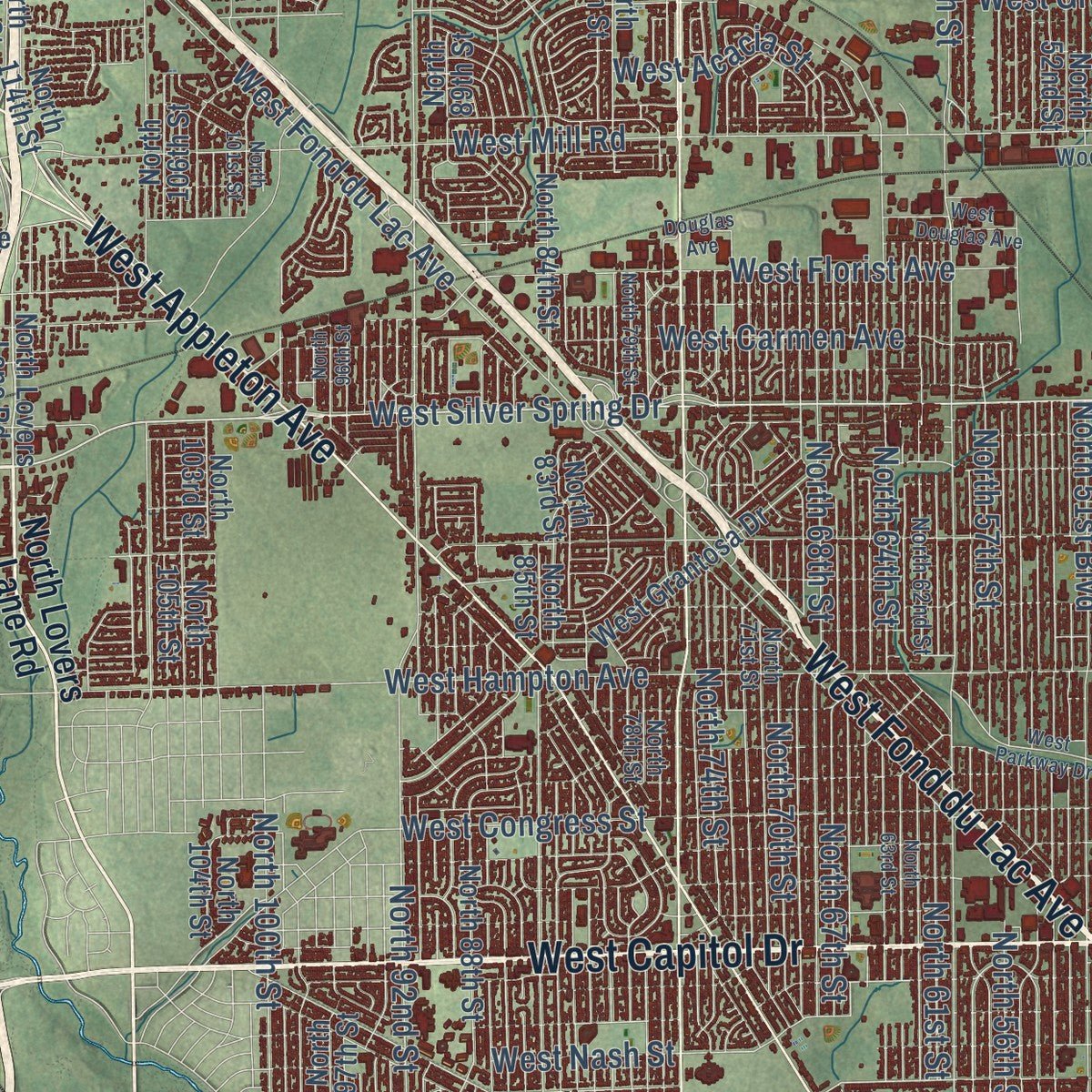 Close-up of the map of Milwaukee, Wisconsin print showing street and building detail