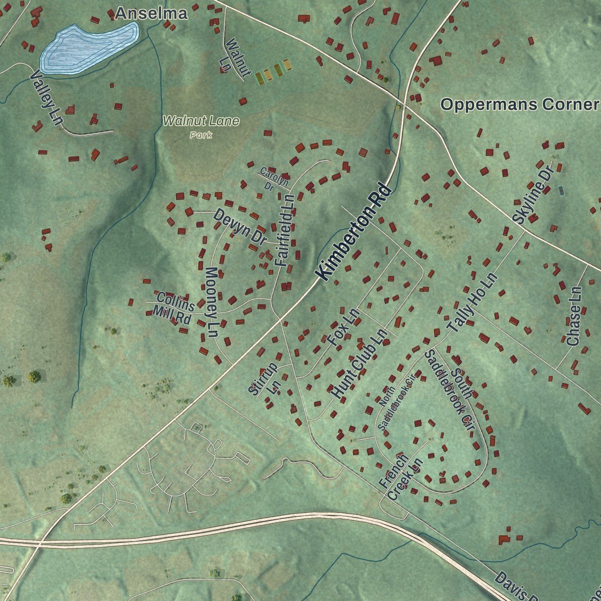 Close-up of the map of West Pikeland, Pennsylvania print showing street and building detail