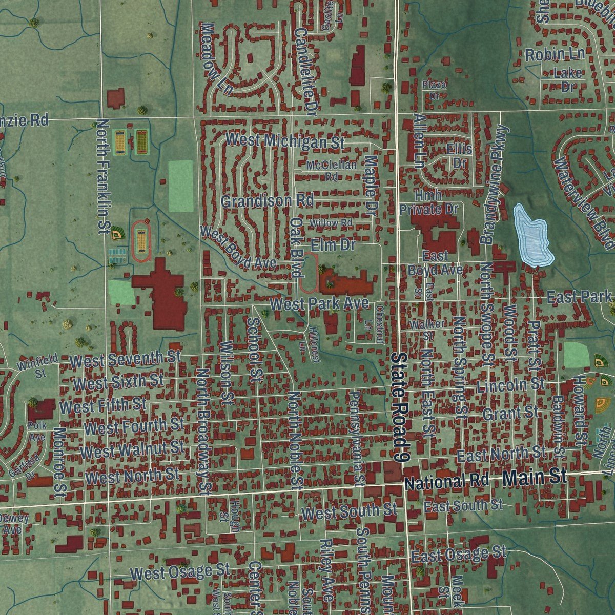 Close-up of the map of Greenfield, Indiana print showing street and building detail