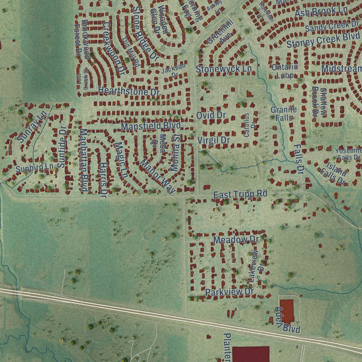 Close-up of the map of Sunnyvale, Texas print showing street and building detail