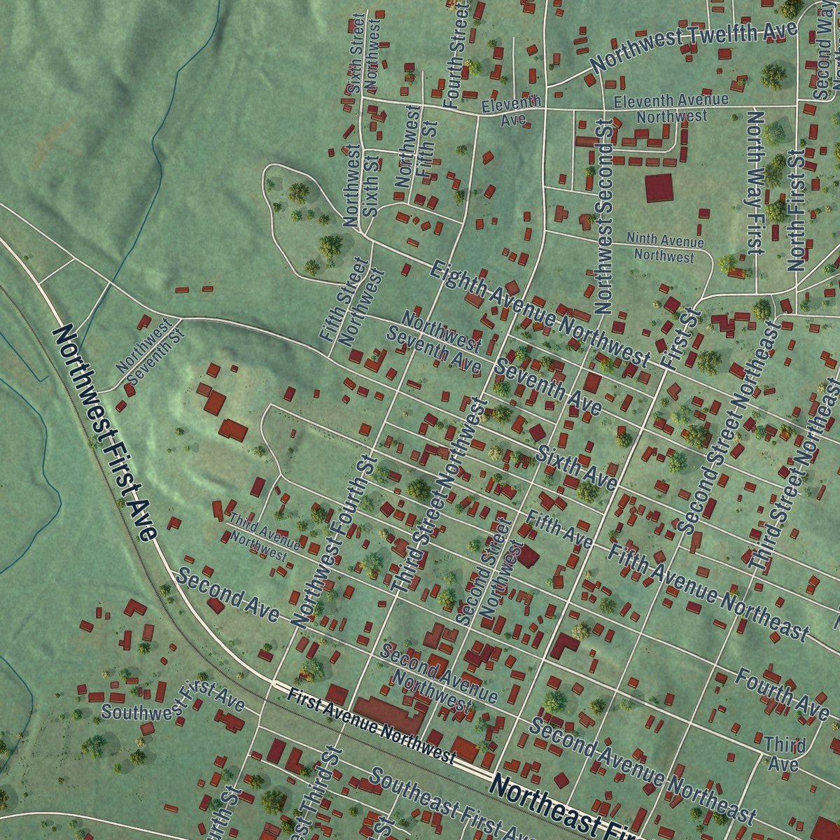Close-up of the map of Carbon Hill, Alabama print showing street and building detail