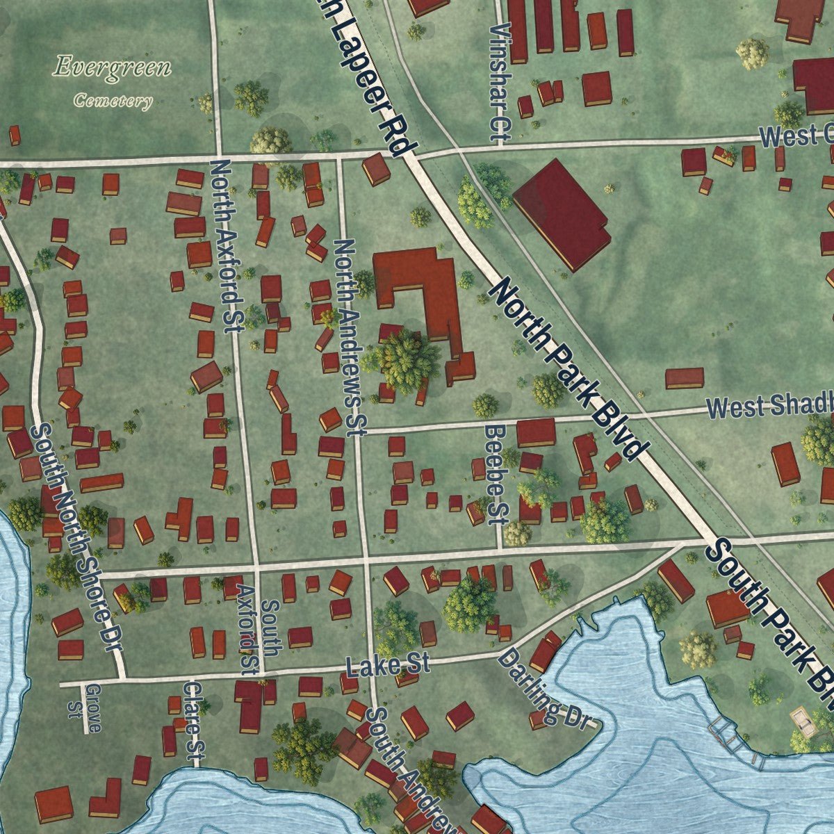 Close-up of the map of Lake Orion, Michigan print showing street and building detail
