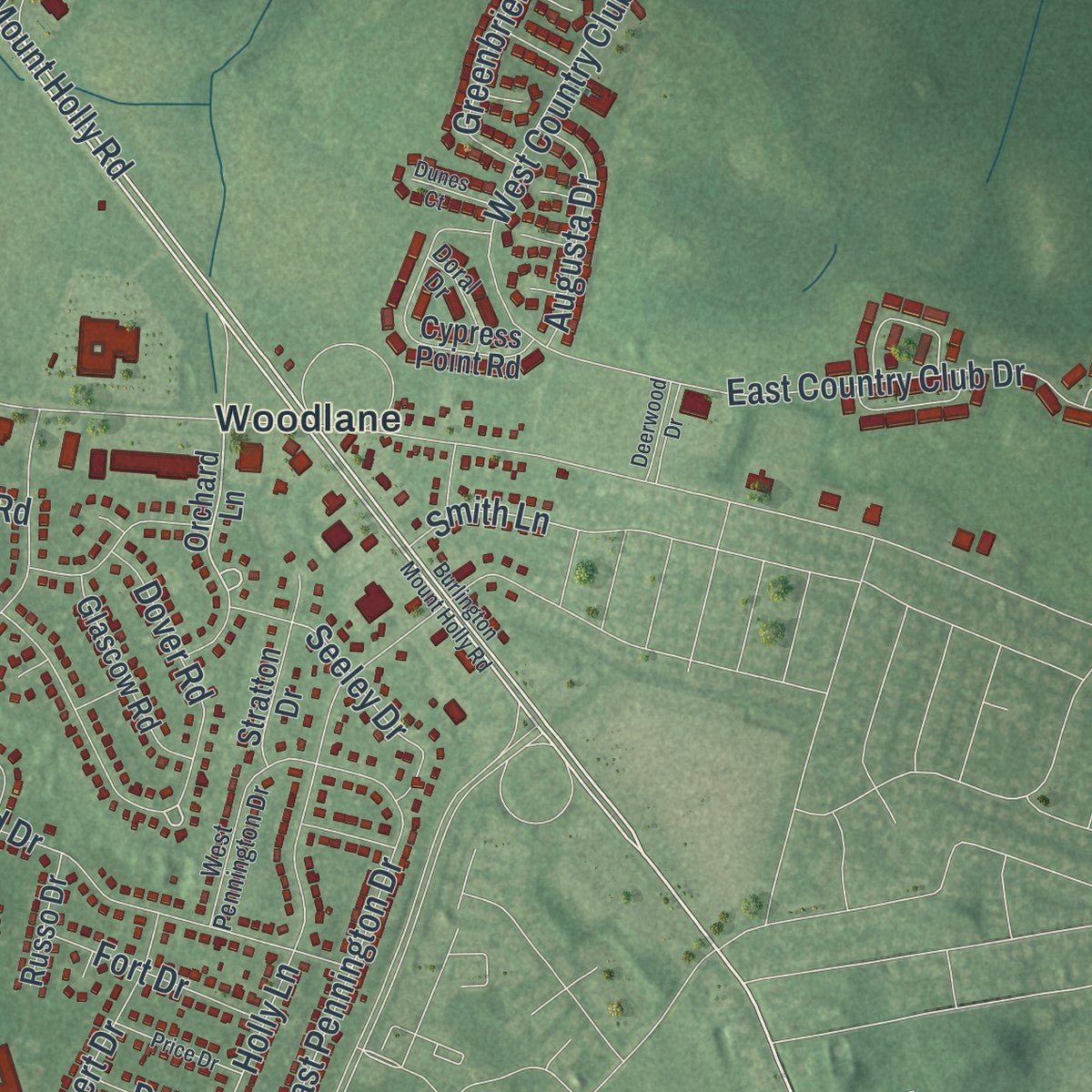 Close-up of the map of Westampton, New Jersey print showing street and building detail