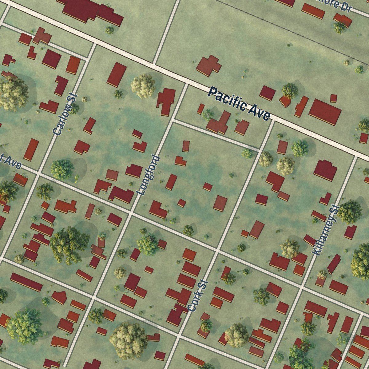 Close-up of the map of Boyce, Louisiana print showing street and building detail