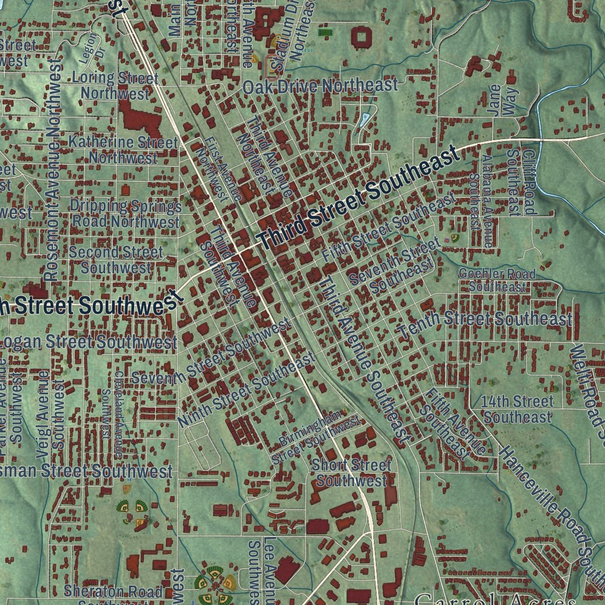 Close-up of the map of Cullman, Alabama print showing street and building detail