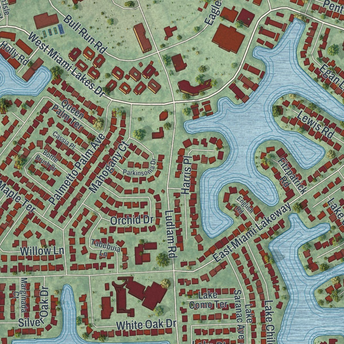 Close-up of the map of Miami Lakes, Florida print showing street and building detail