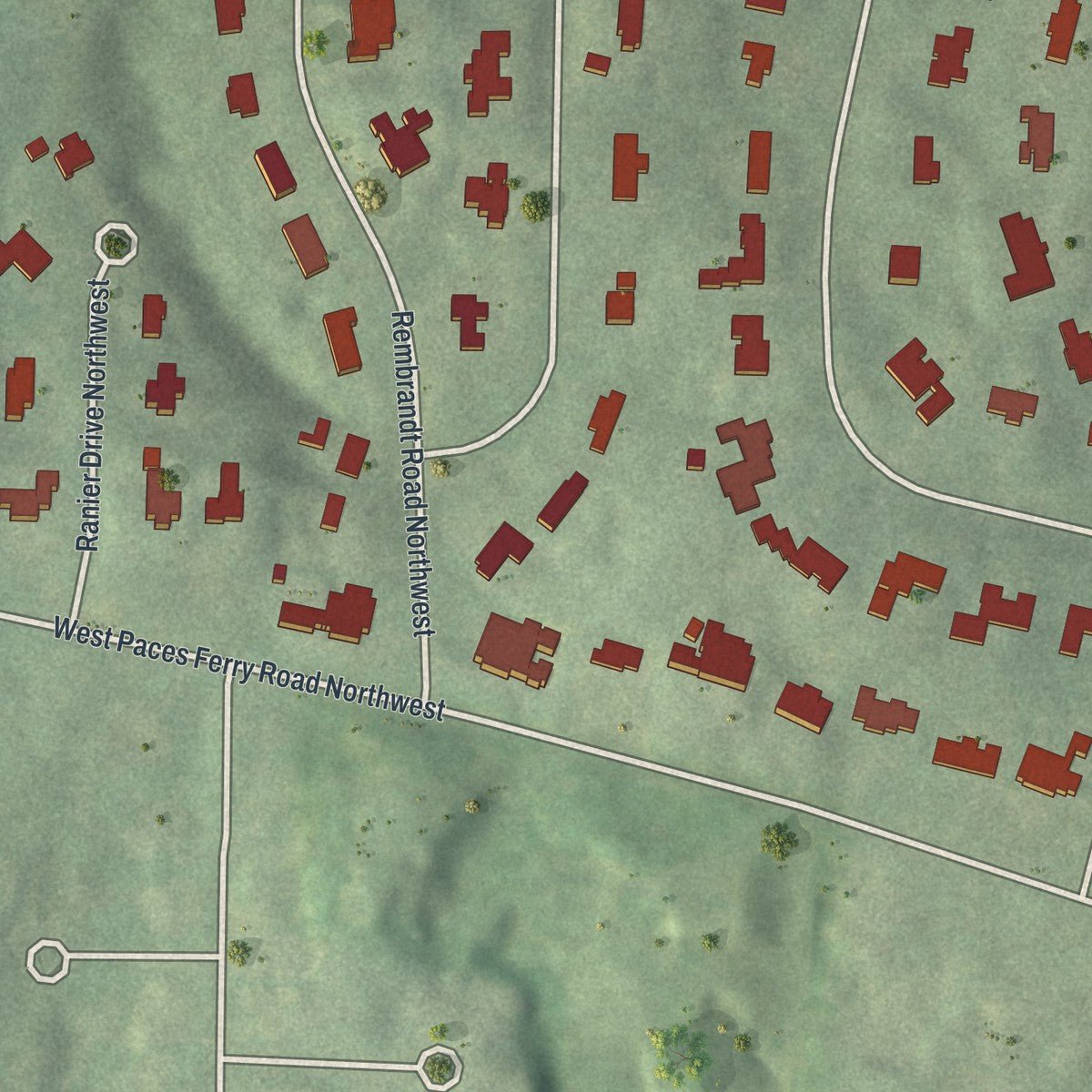 Close-up of the map of Kingswood, Georgia print showing street and building detail