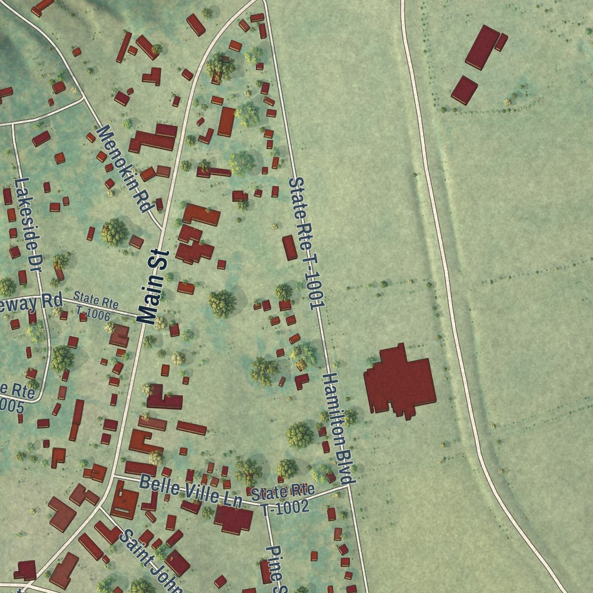 Close-up of the map of Warsaw, Virginia print showing street and building detail