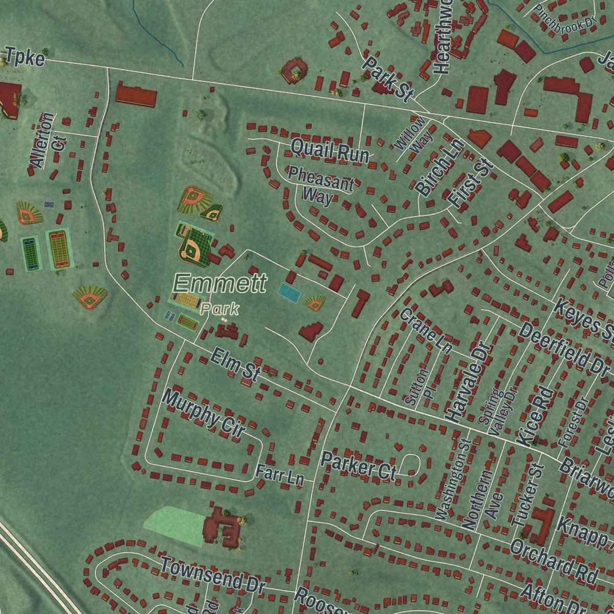 Close-up of the map of Florham Park, New Jersey print showing street and building detail