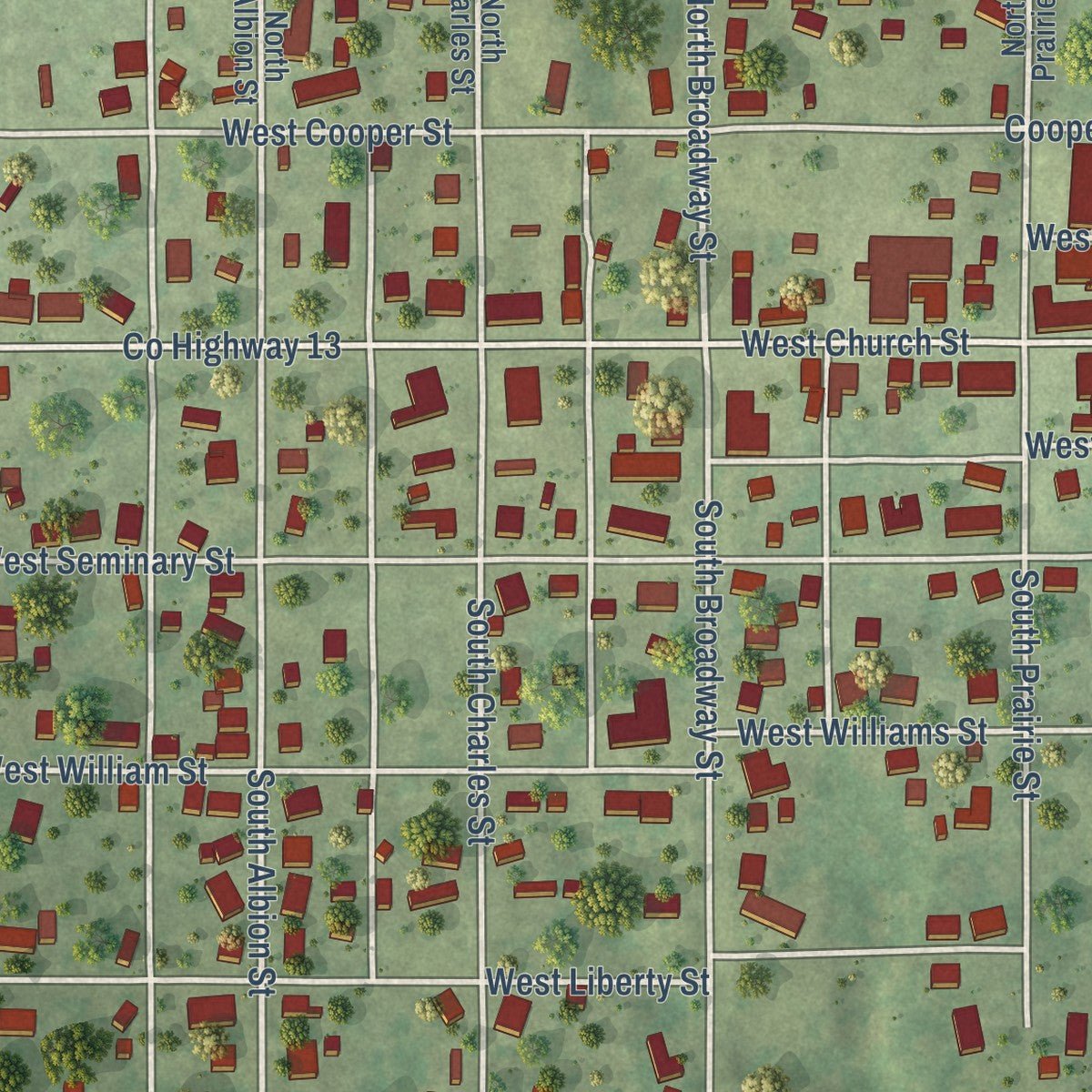 Close-up of the map of West Salem, Illinois print showing street and building detail