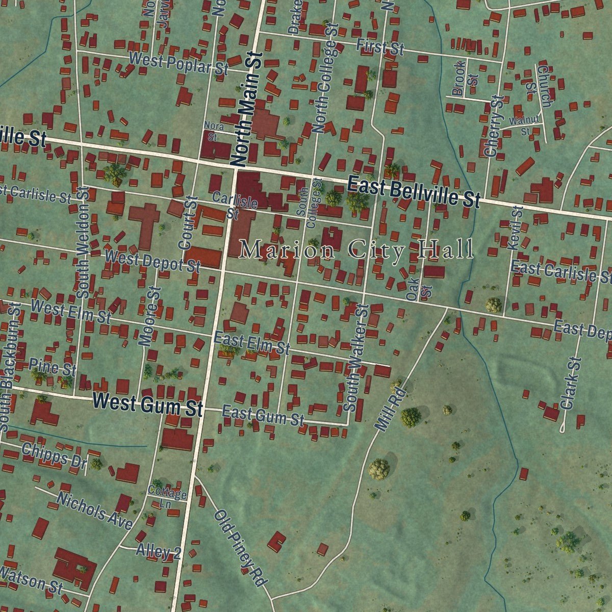 Close-up of the map of Marion, Kentucky print showing street and building detail