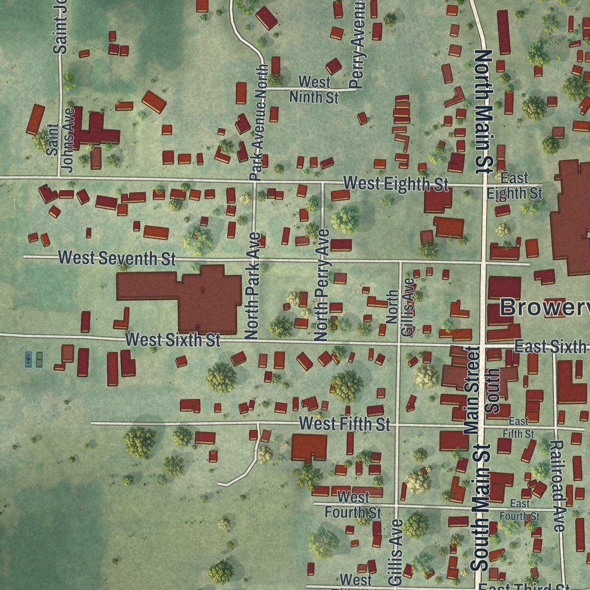 Close-up of the map of Browerville, Minnesota print showing street and building detail