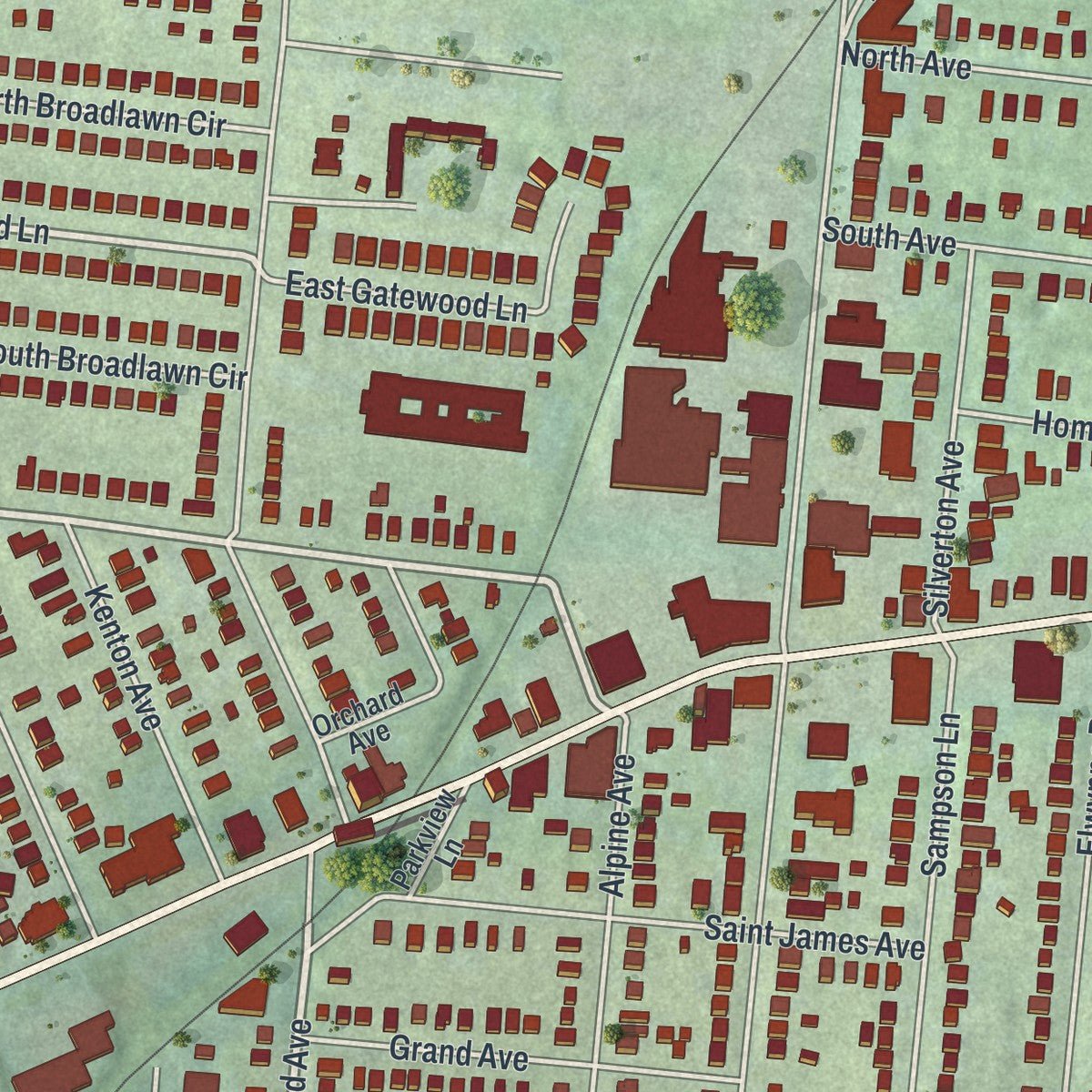 Close-up of the map of Silverton, Ohio print showing street and building detail
