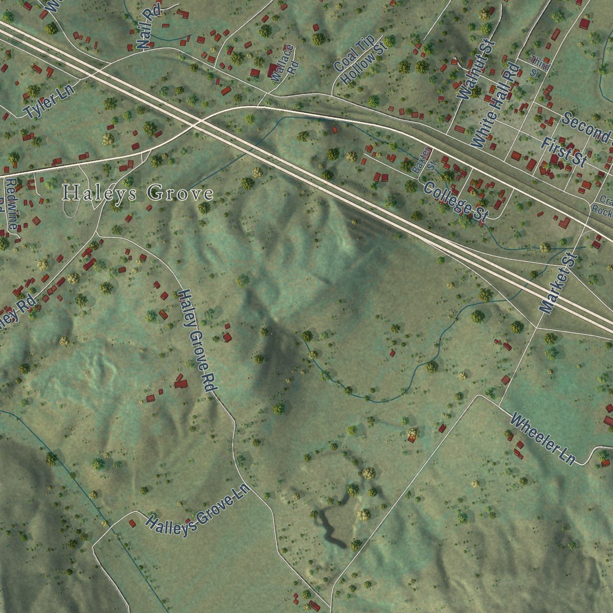 Close-up of the map of Crab Orchard, Tennessee print showing street and building detail