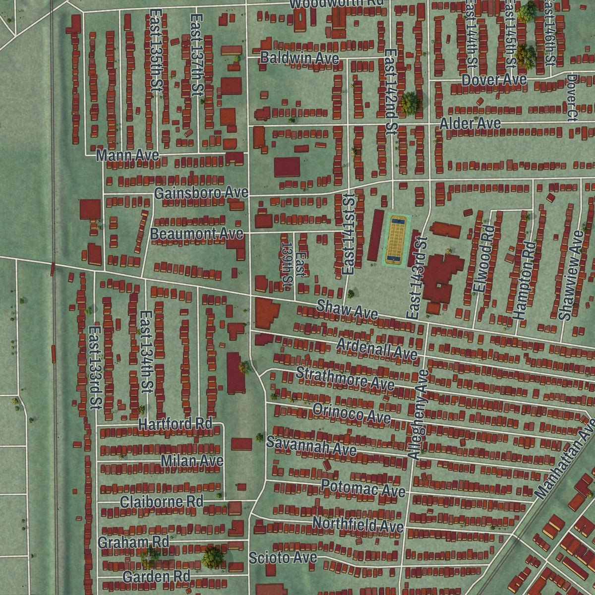 Close-up of the map of East Cleveland, Ohio print showing street and building detail