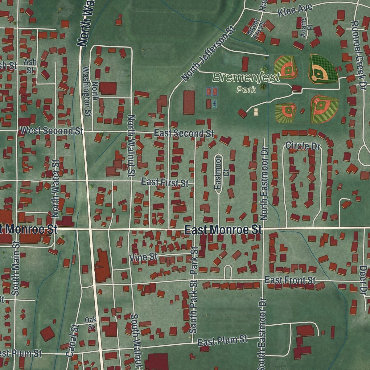 Close-up of the map of New Bremen, Ohio print showing street and building detail