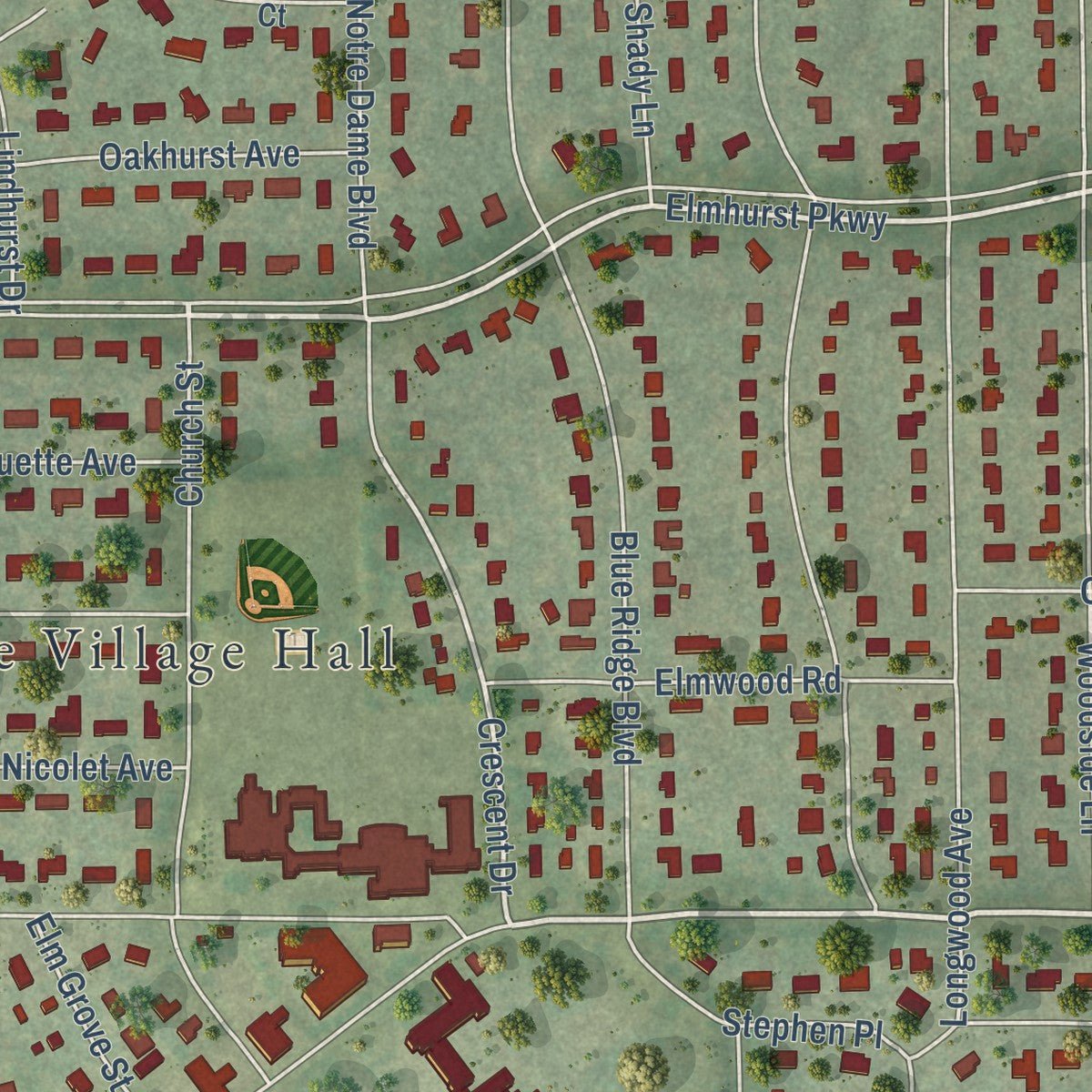 Close-up of the map of Elm Grove, Wisconsin print showing street and building detail