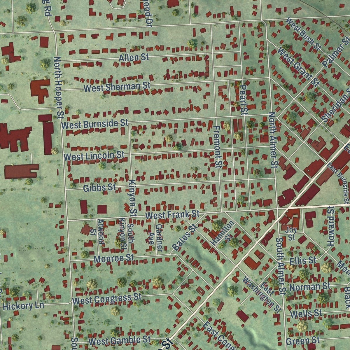Close-up of the map of Caro, Michigan print showing street and building detail