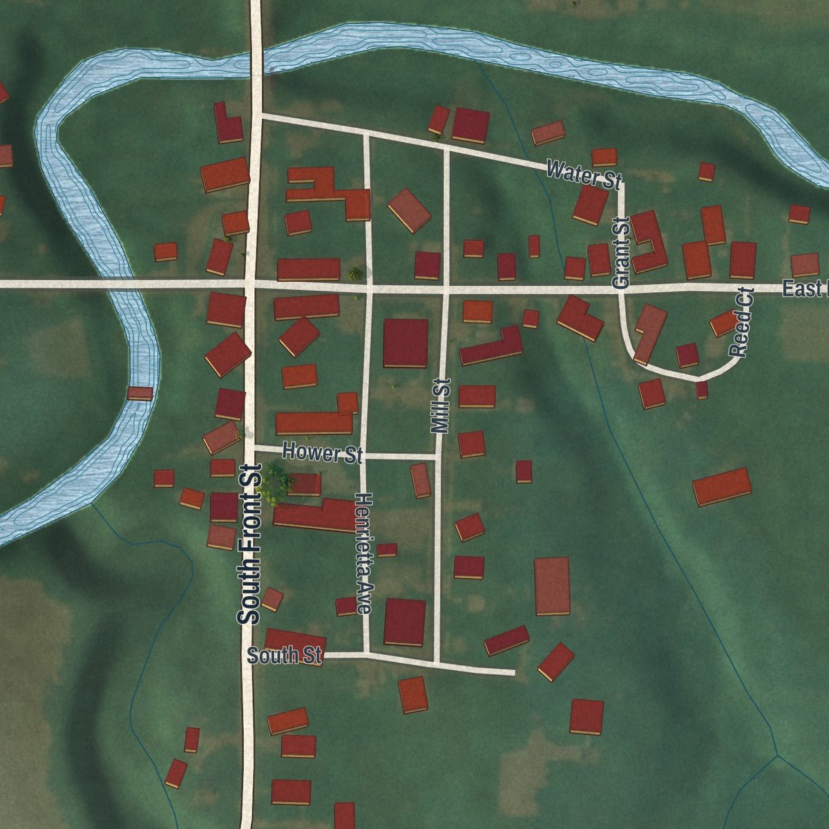 Close-up of the map of Burbank, Ohio print showing street and building detail