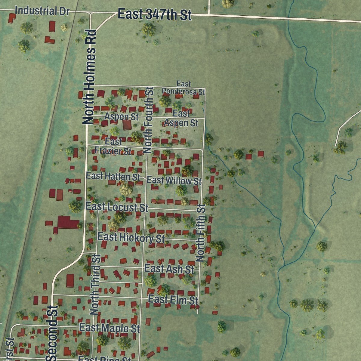 Close-up of the map of Drexel, Missouri print showing street and building detail