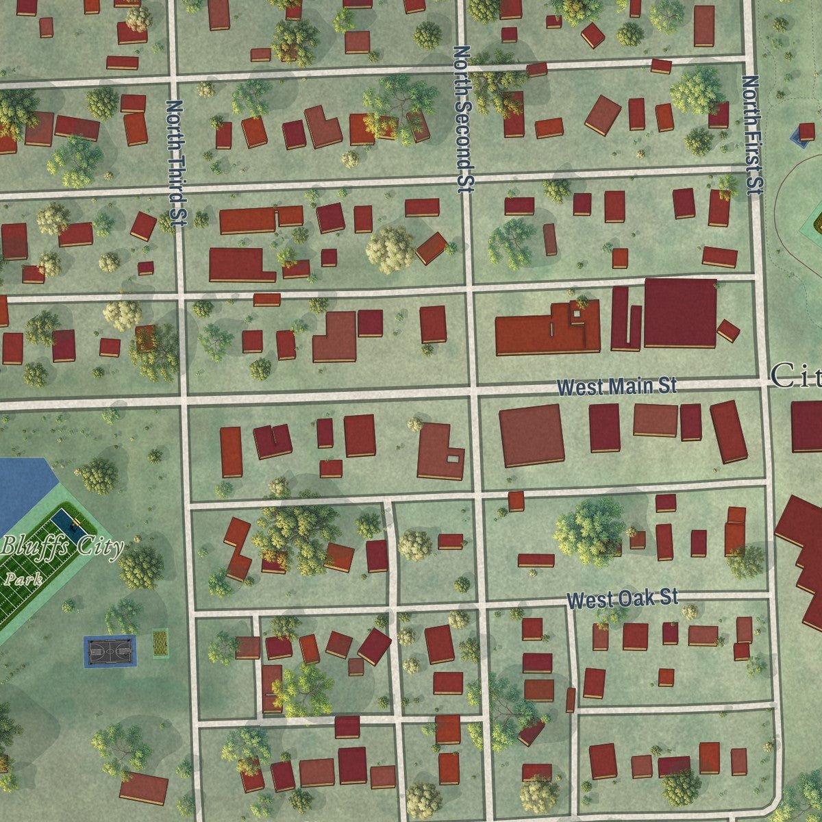 Close-up of the map of Cedar Bluffs, Nebraska print showing street and building detail