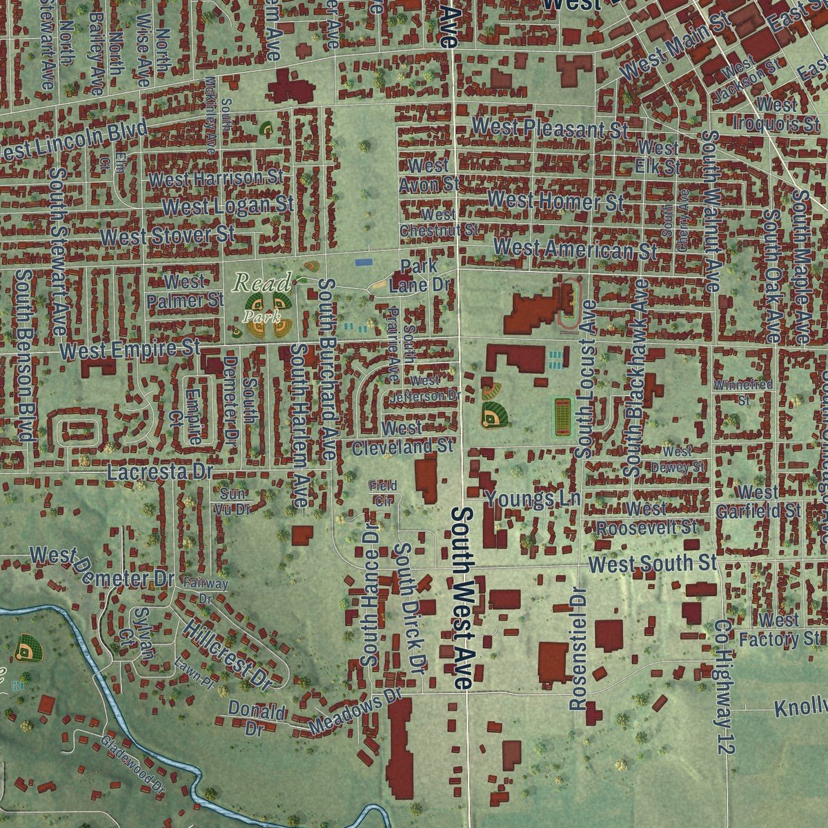 Close-up of the map of Freeport, Illinois print showing street and building detail