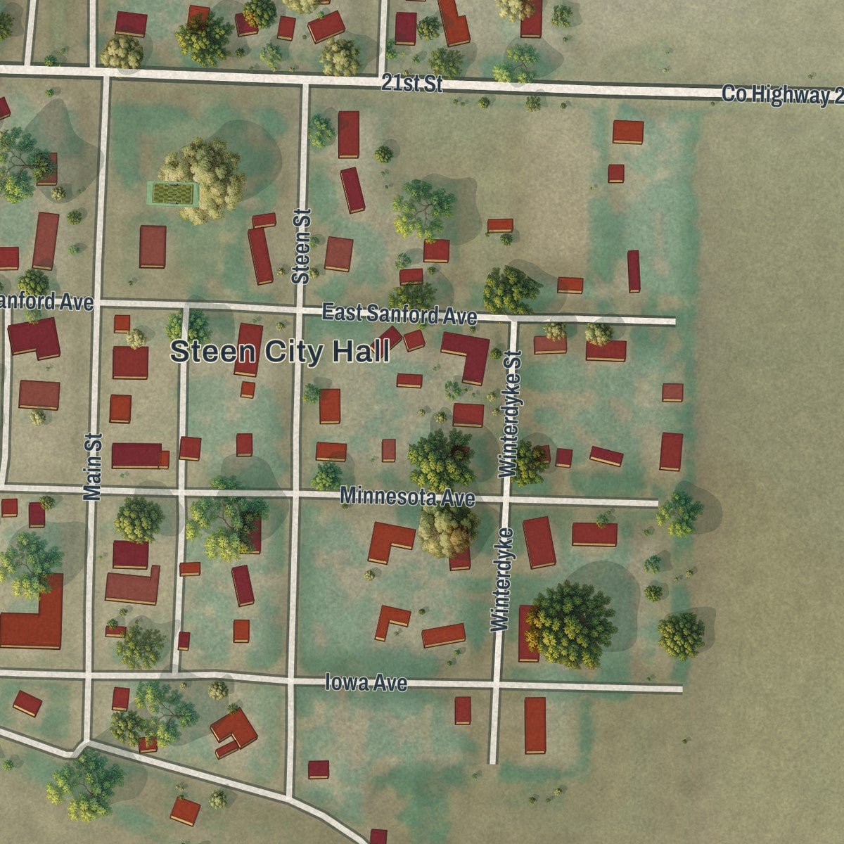 Close-up of the map of Steen, Minnesota print showing street and building detail