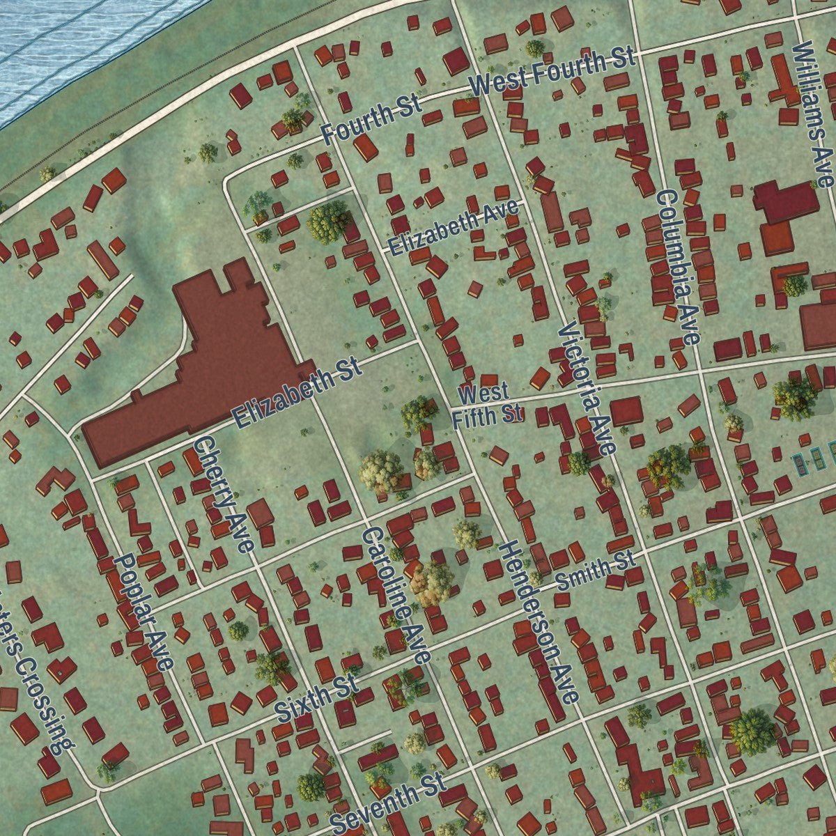 Close-up of the map of Williamstown, West Virginia print showing street and building detail