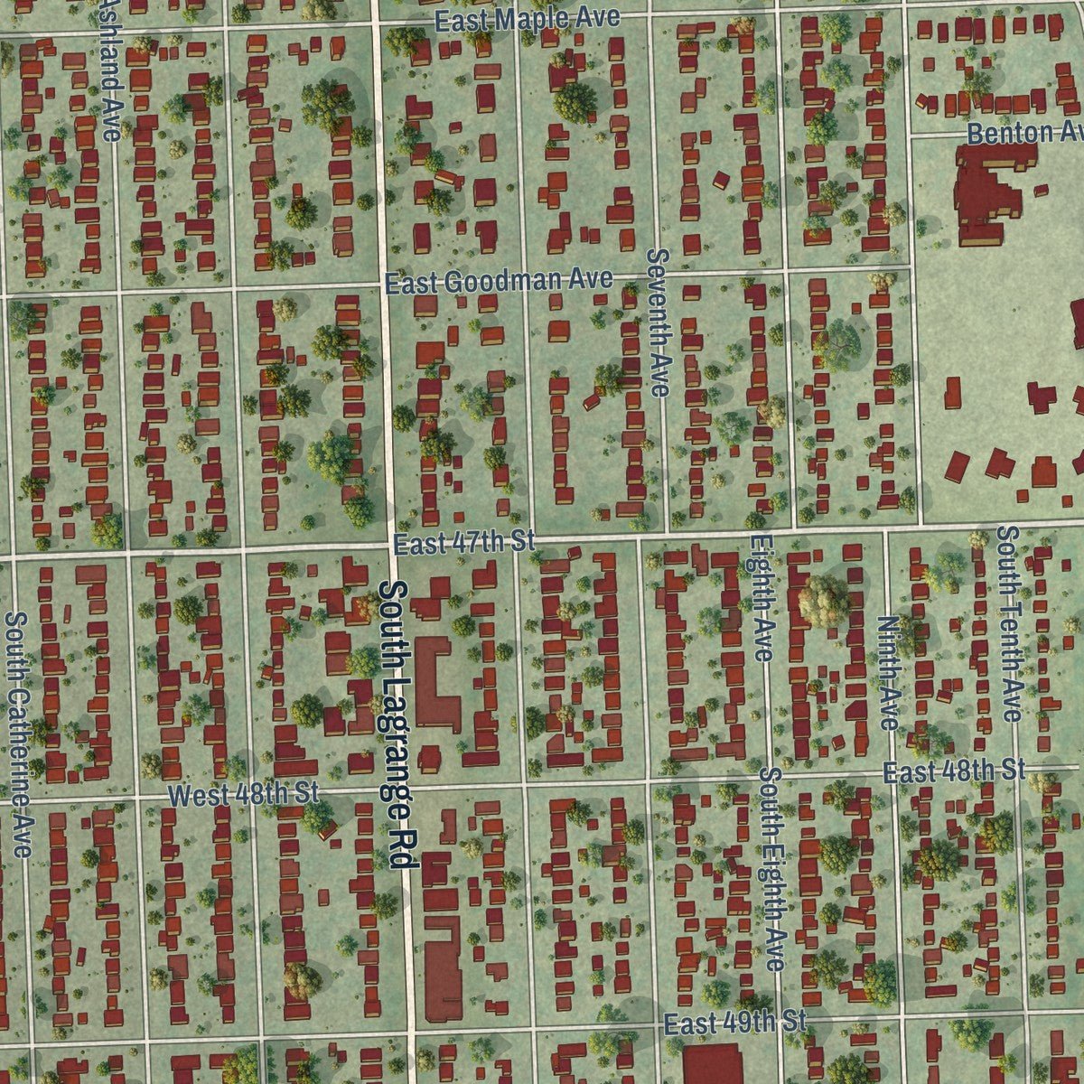 Close-up of the map of La Grange, Illinois print showing street and building detail