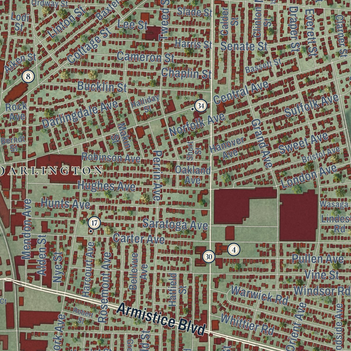 Close-up of the map of Pawtucket, Rhode Island print showing street and building detail