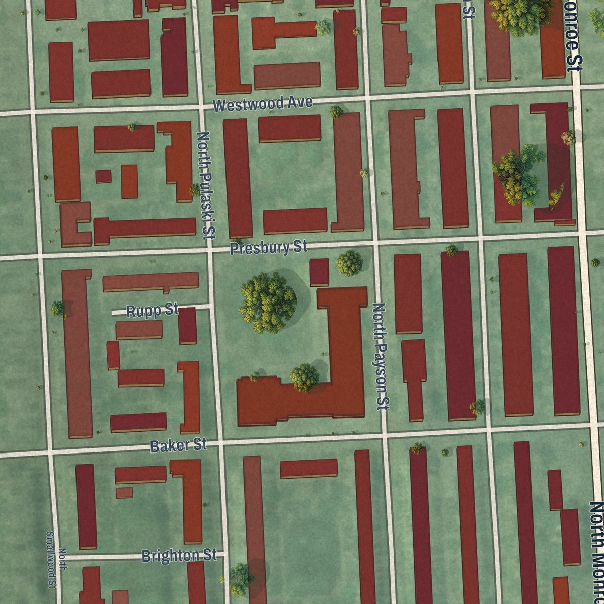 Close-up of the map of Easterwood, Maryland print showing street and building detail
