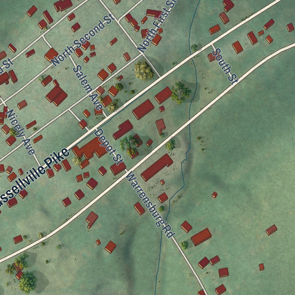 Close-up of the map of Russellville, Tennessee print showing street and building detail