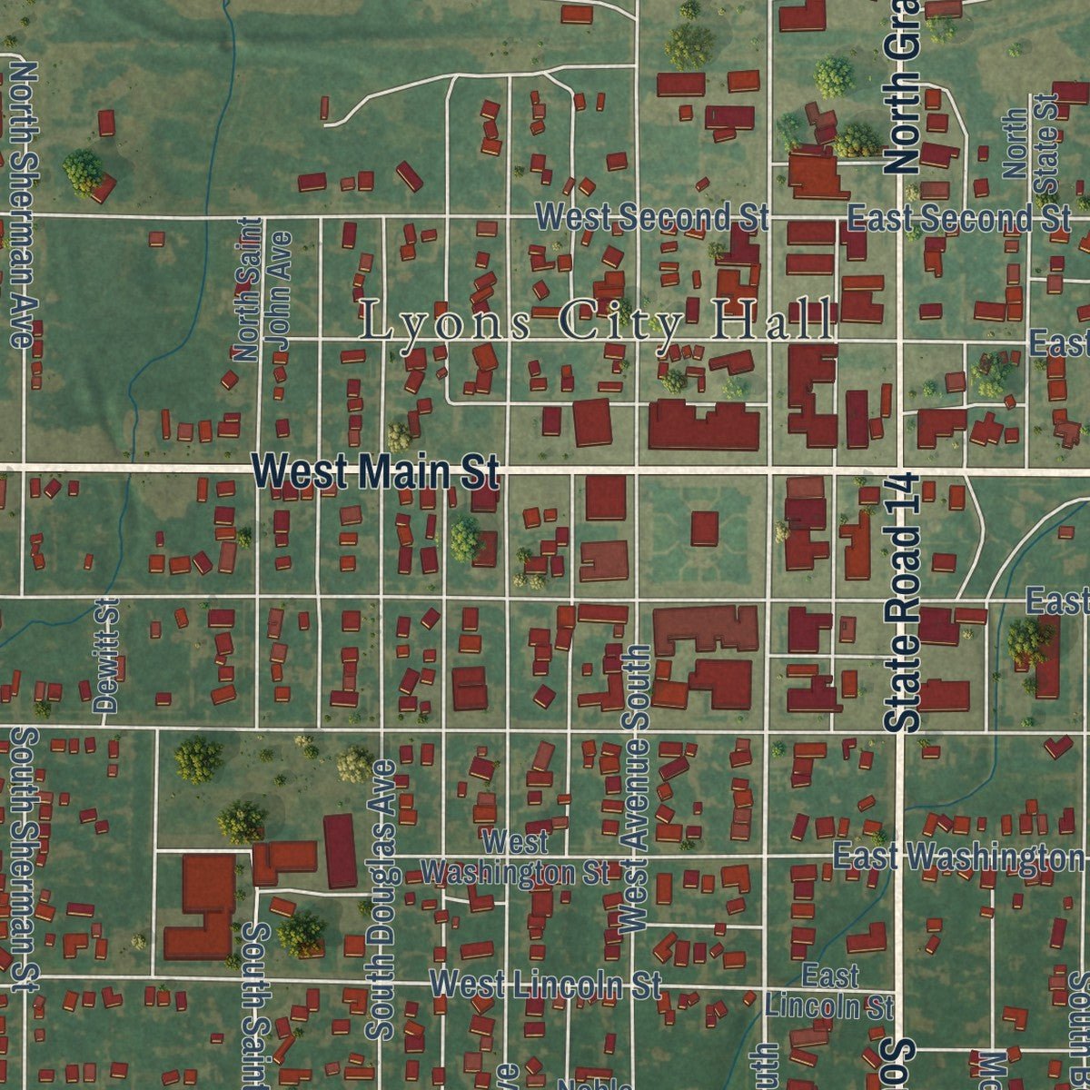 Close-up of the map of Lyons, Kansas print showing street and building detail