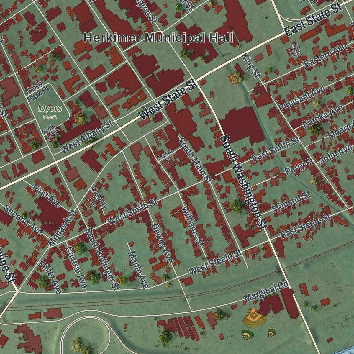 Close-up of the map of the Village of Herkimer, New York print showing street and building detail