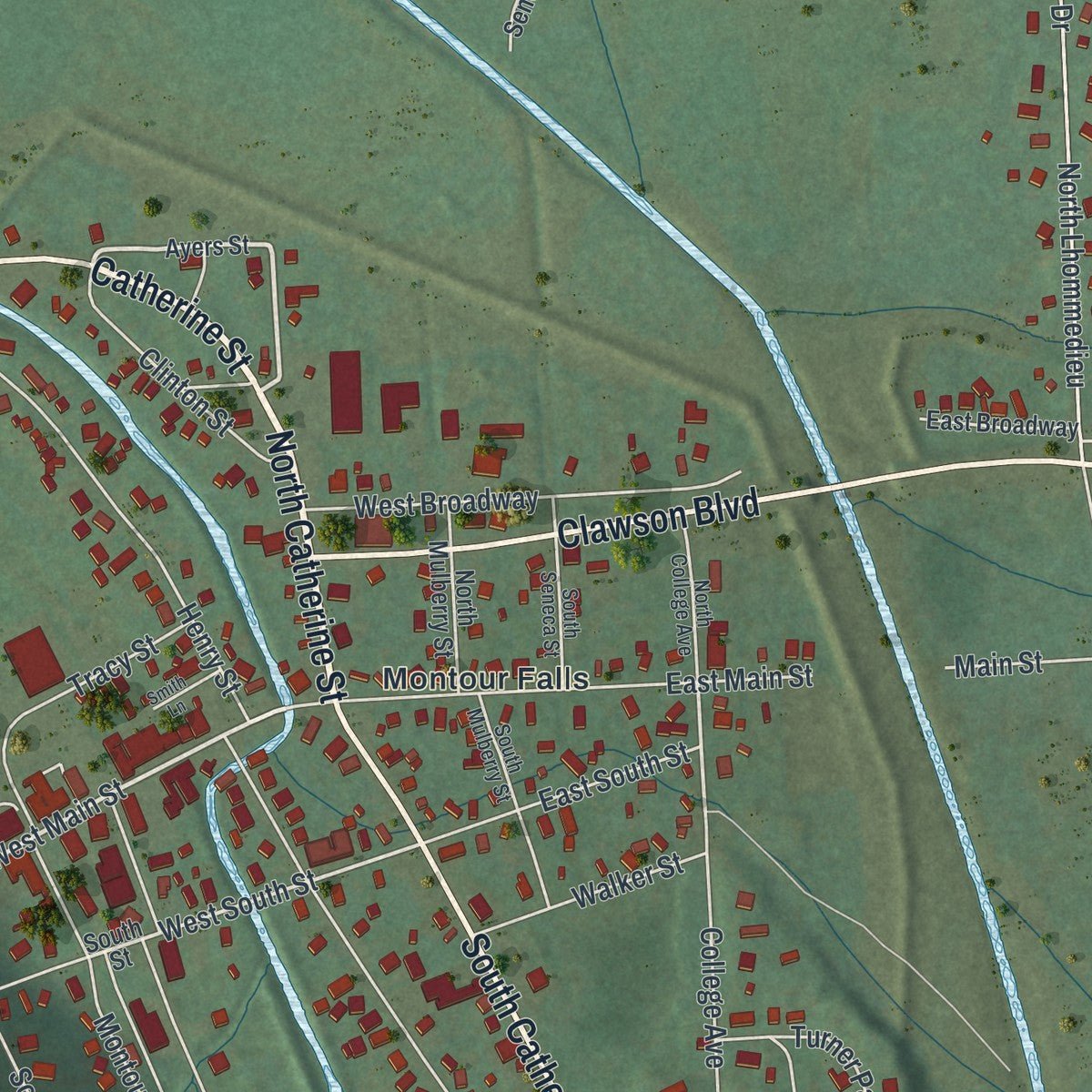 Close-up of the map of Montour Falls, New York print showing street and building detail