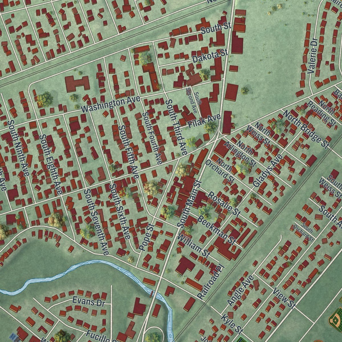 Close-up of the map of Manville, New Jersey print showing street and building detail