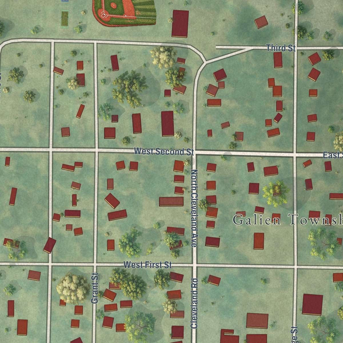 Close-up of the map of Galien, Michigan print showing street and building detail
