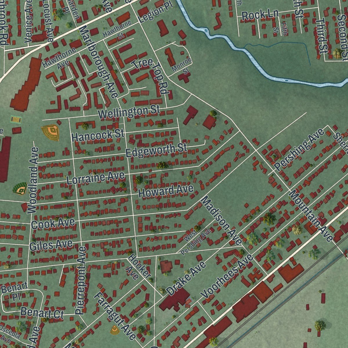 Close-up of the map of Middlesex, New Jersey print showing street and building detail