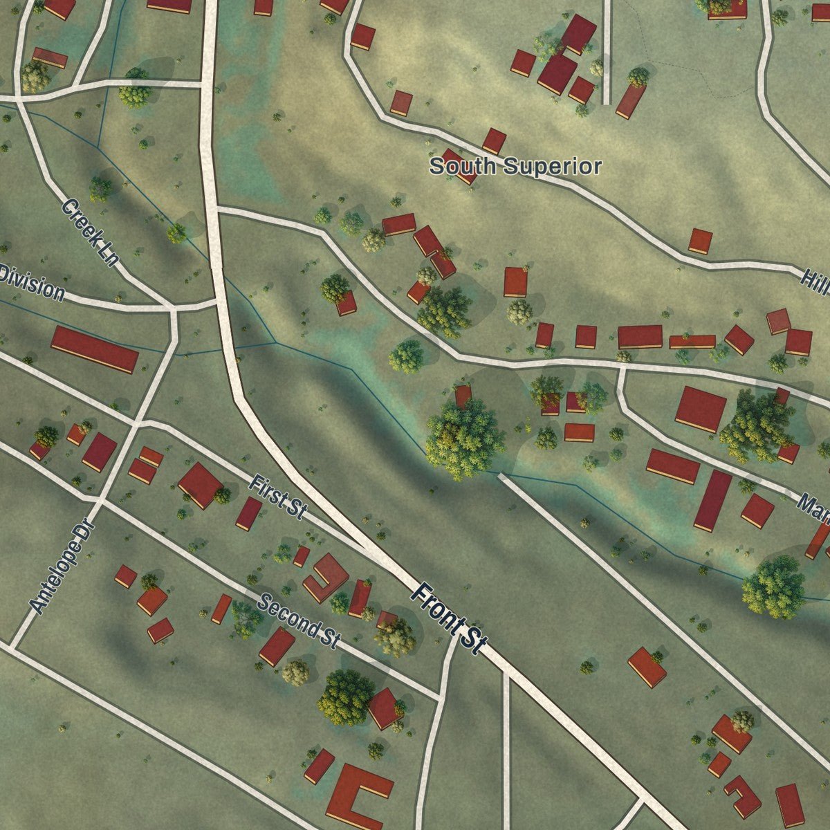 Close-up of the map of Superior, Wyoming print showing street and building detail