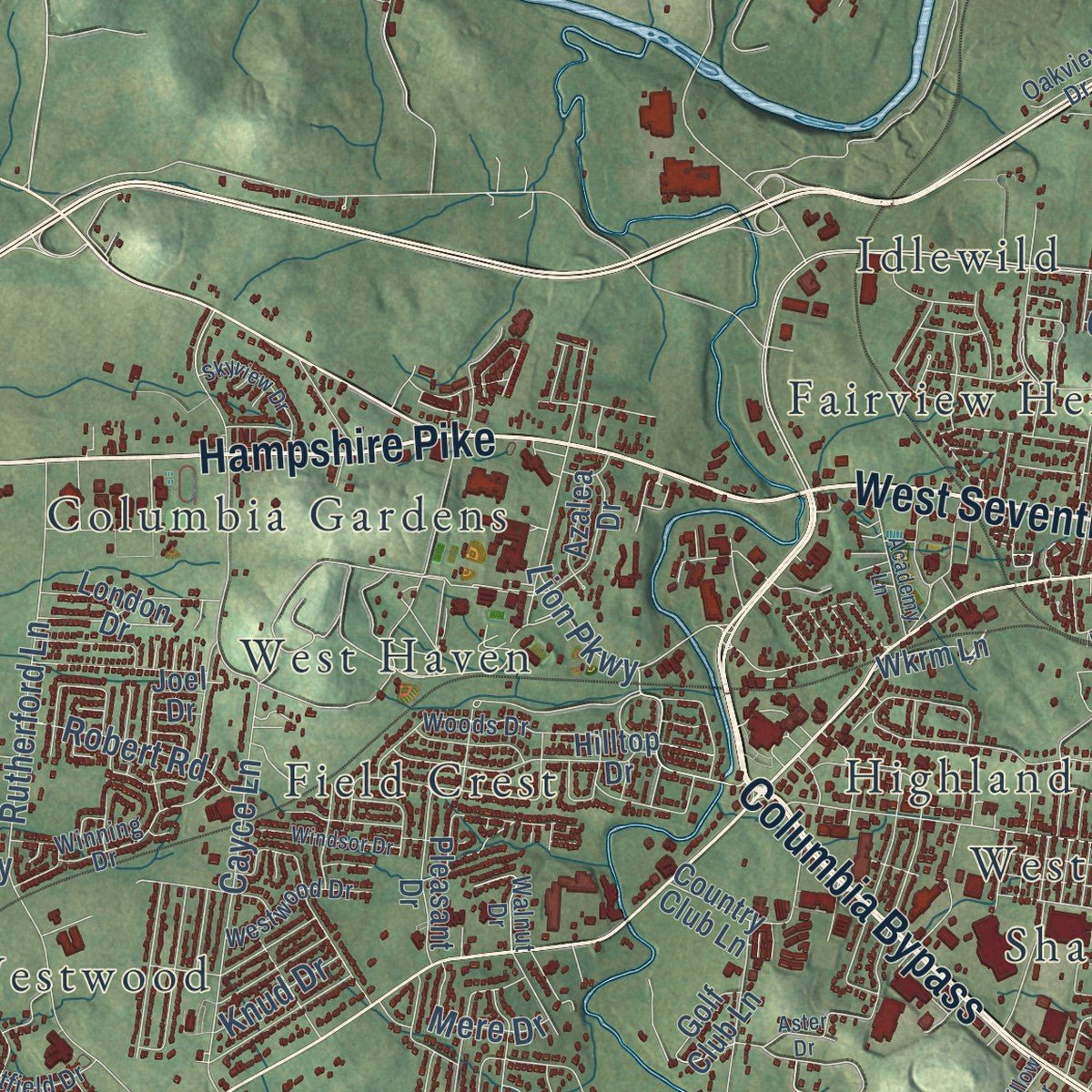 Close-up of the map of Columbia, Tennessee print showing street and building detail