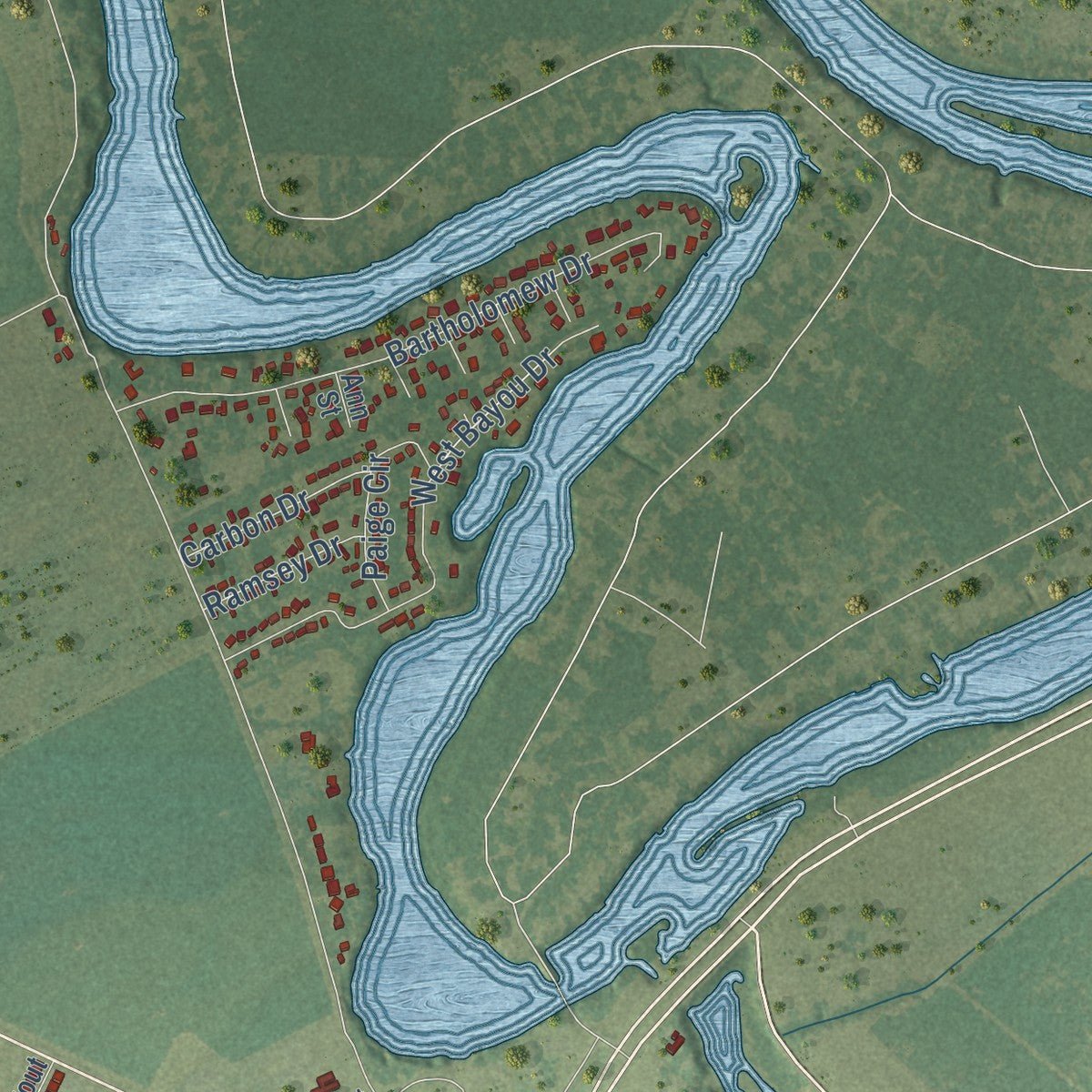 Close-up of the map of Sterlington, Louisiana print showing street and building detail