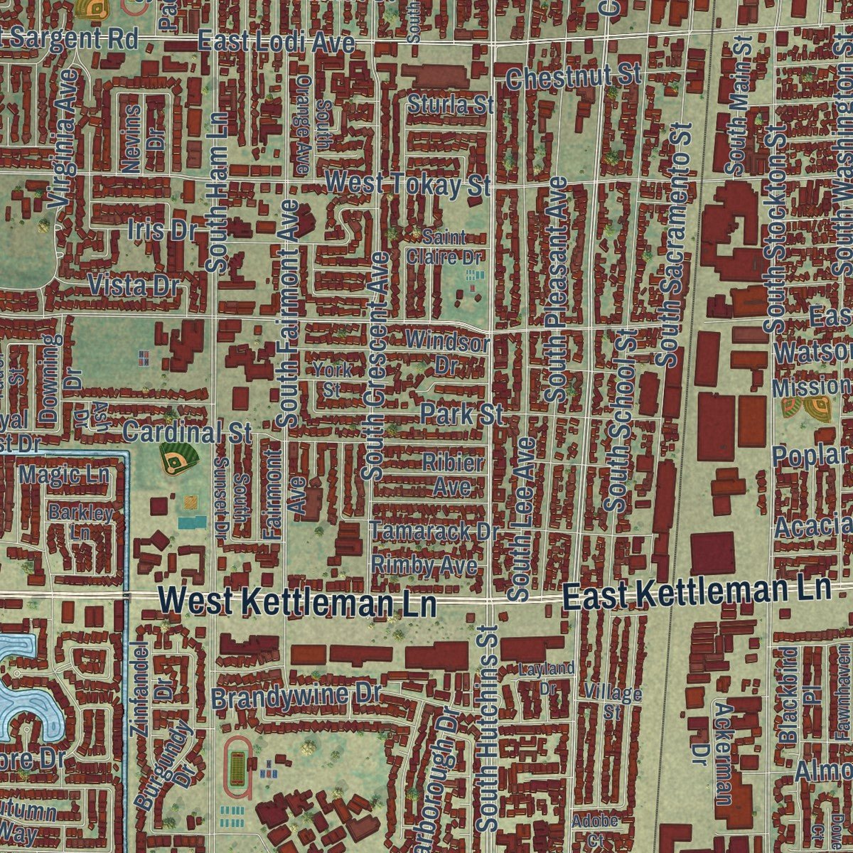 Close-up of the map of Lodi, California print showing street and building detail