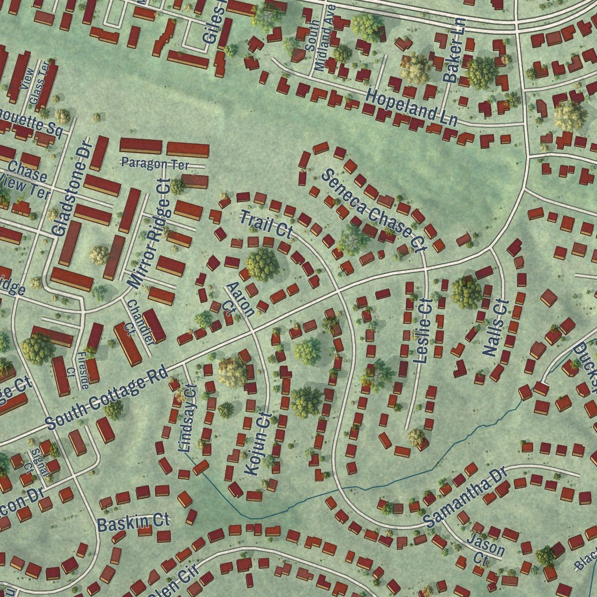 Close-up of the map of Sugarland Run, Virginia print showing street and building detail