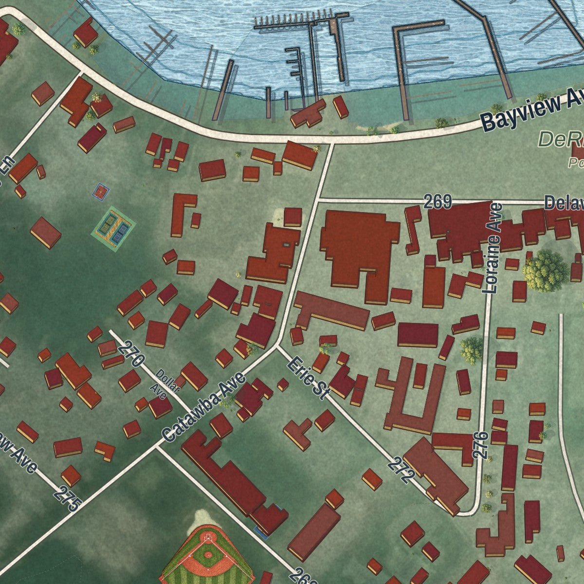 Close-up of the map of Put-in-Bay, Ohio print showing street and building detail