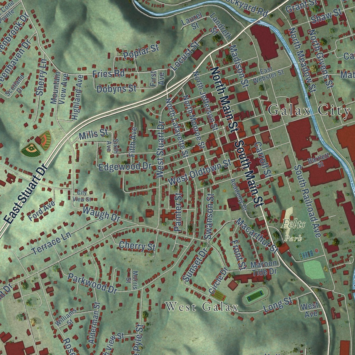 Close-up of the map of Galax, Virginia print showing street and building detail